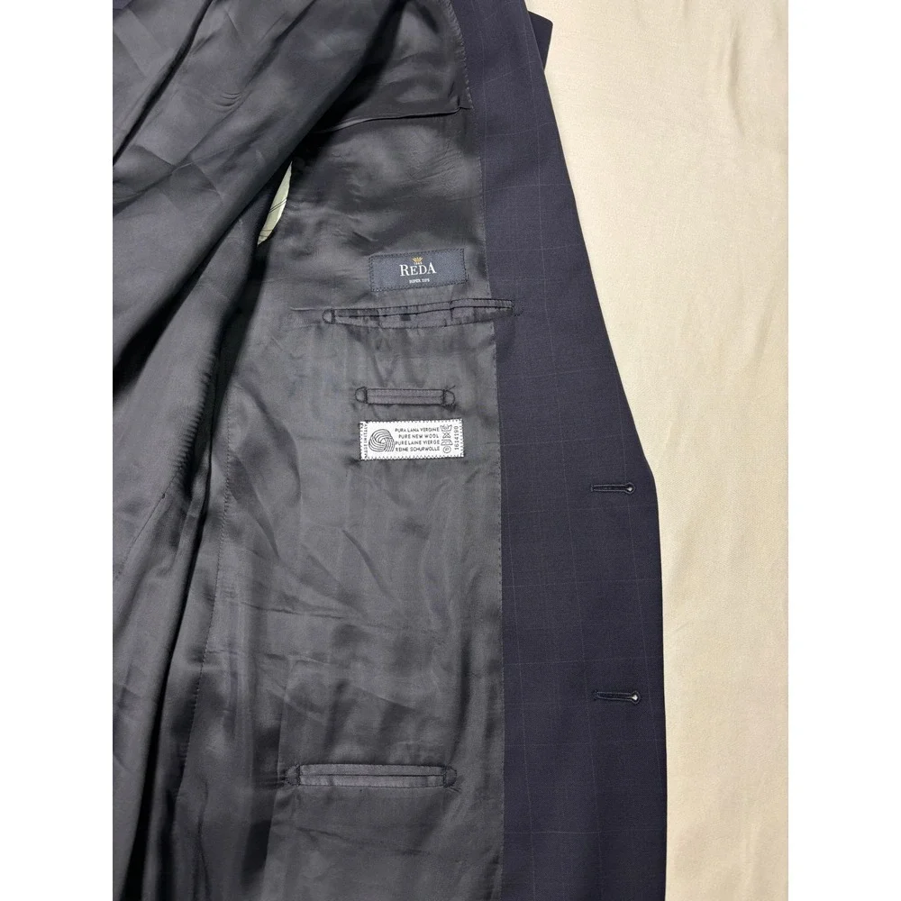 Gianni Manzoni Navy Windowpane Suit Reda Super 110s Wool Italy Mens 46L W38 L29